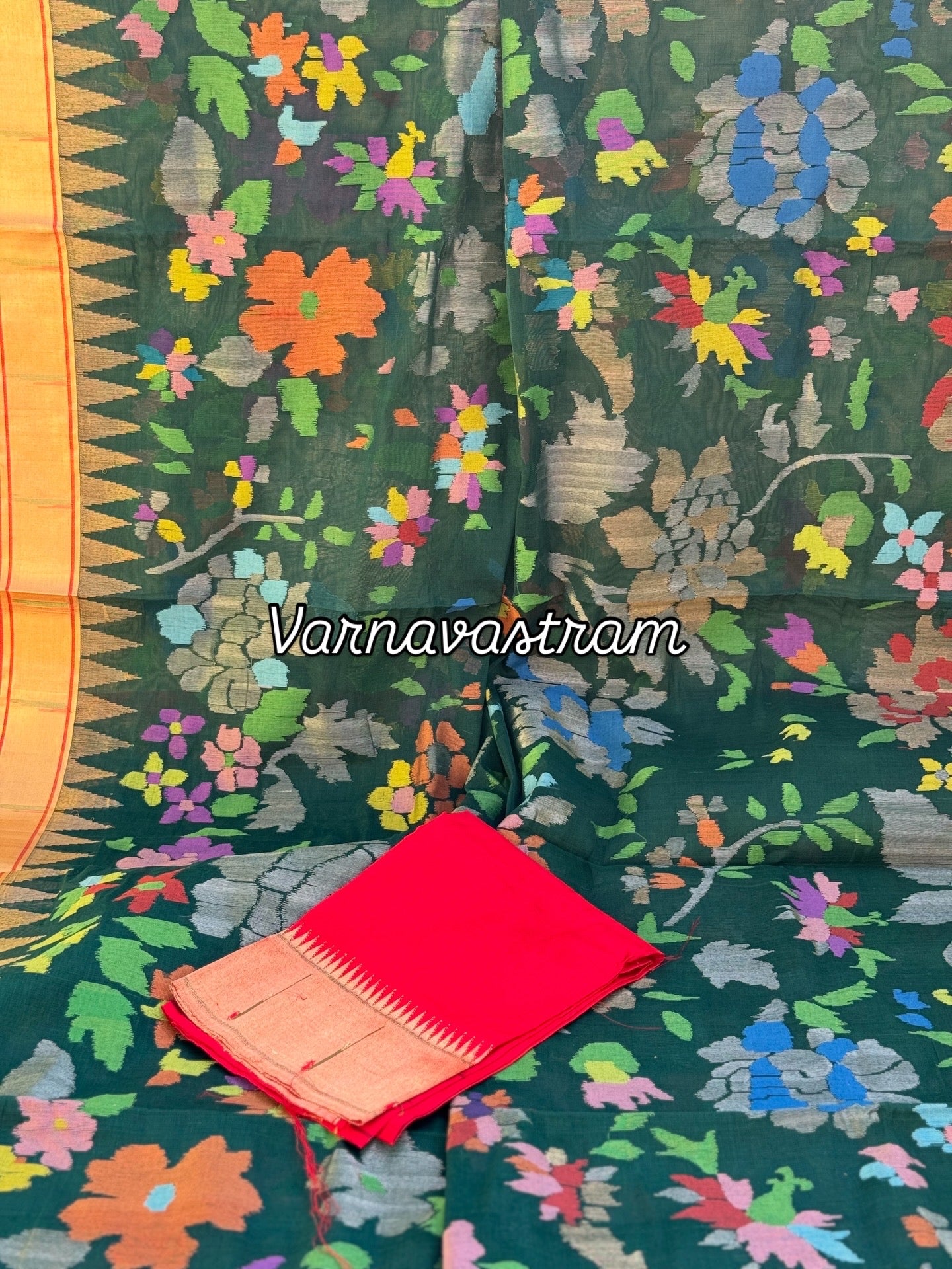 Full jaal weave ponduru Khadhi jamdani saree in peacock green