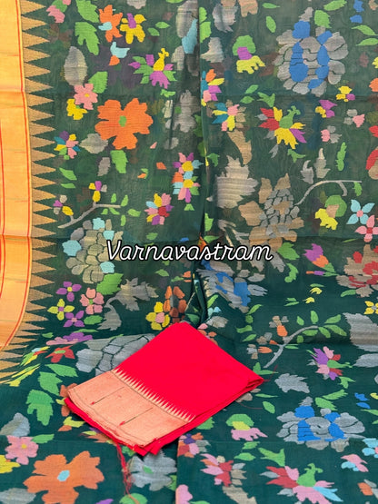 Full jaal weave ponduru Khadhi jamdani saree in peacock green