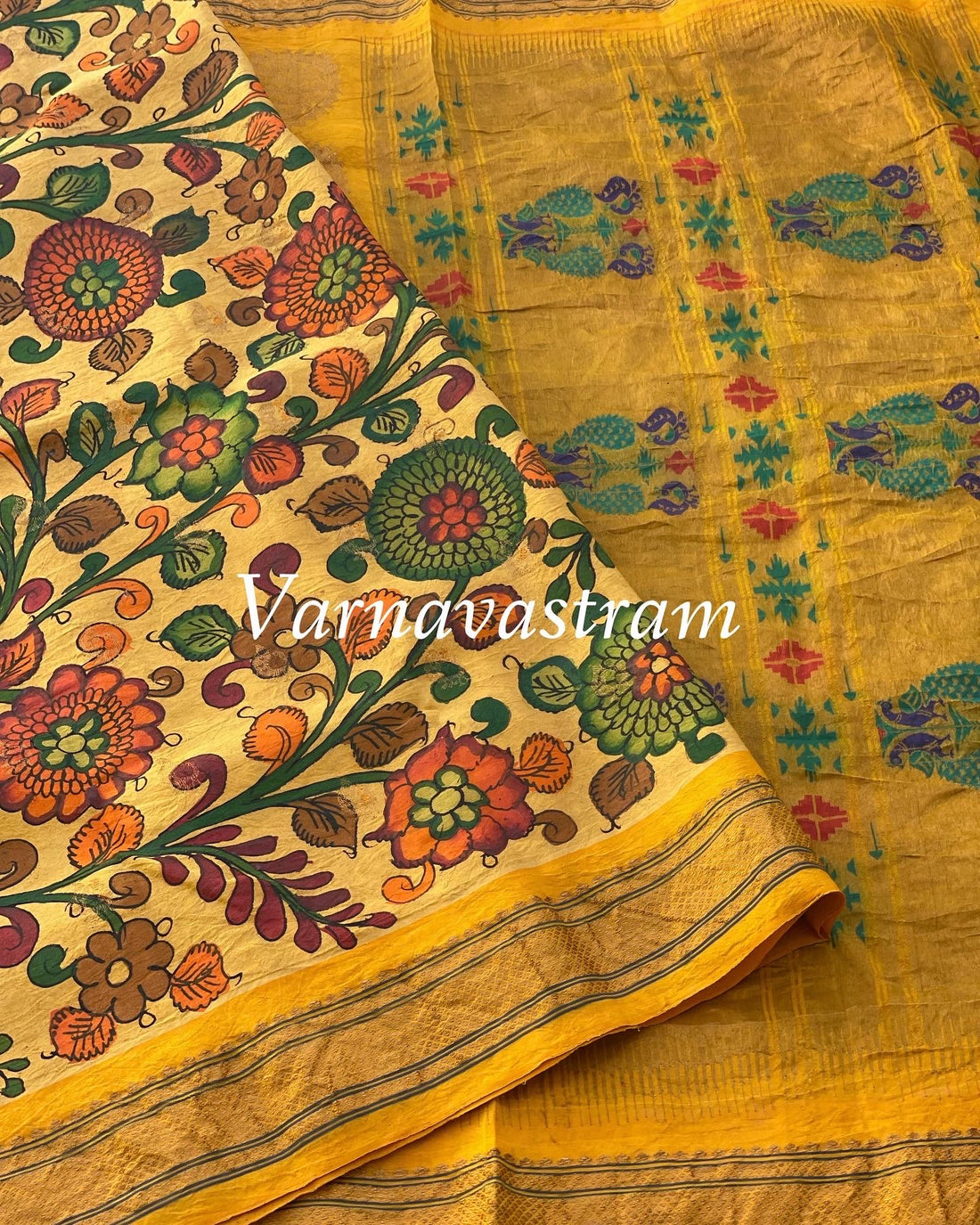 Penkalamkari Floral Handdrawn,handpainted On Paithani Silk With Kadiyal Border Saree