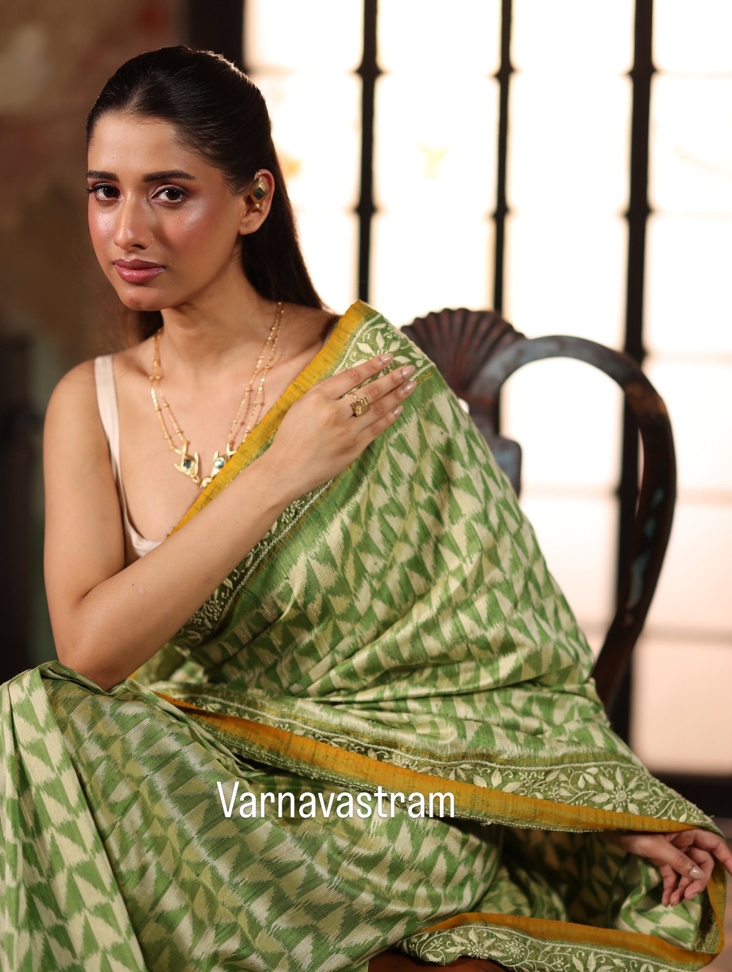 A Mulberry silk ikkat saree adorned with hand embroidery Chikankari work&amp;nbsp;