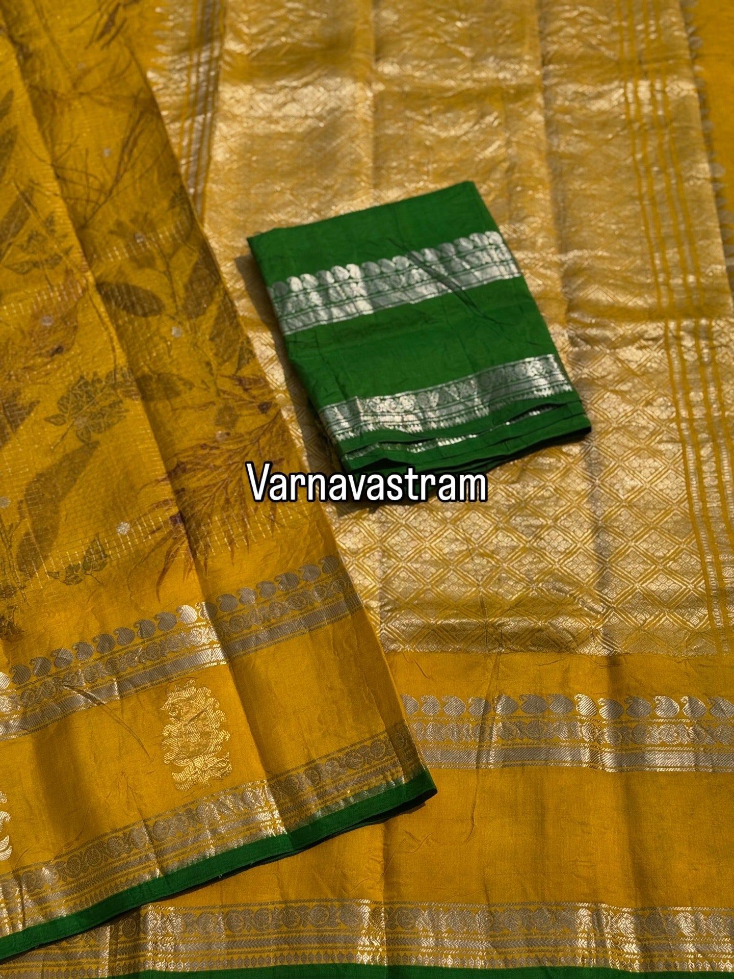 A lime yellow with green Natural Handmade Ecoprints Gadwal silk saree