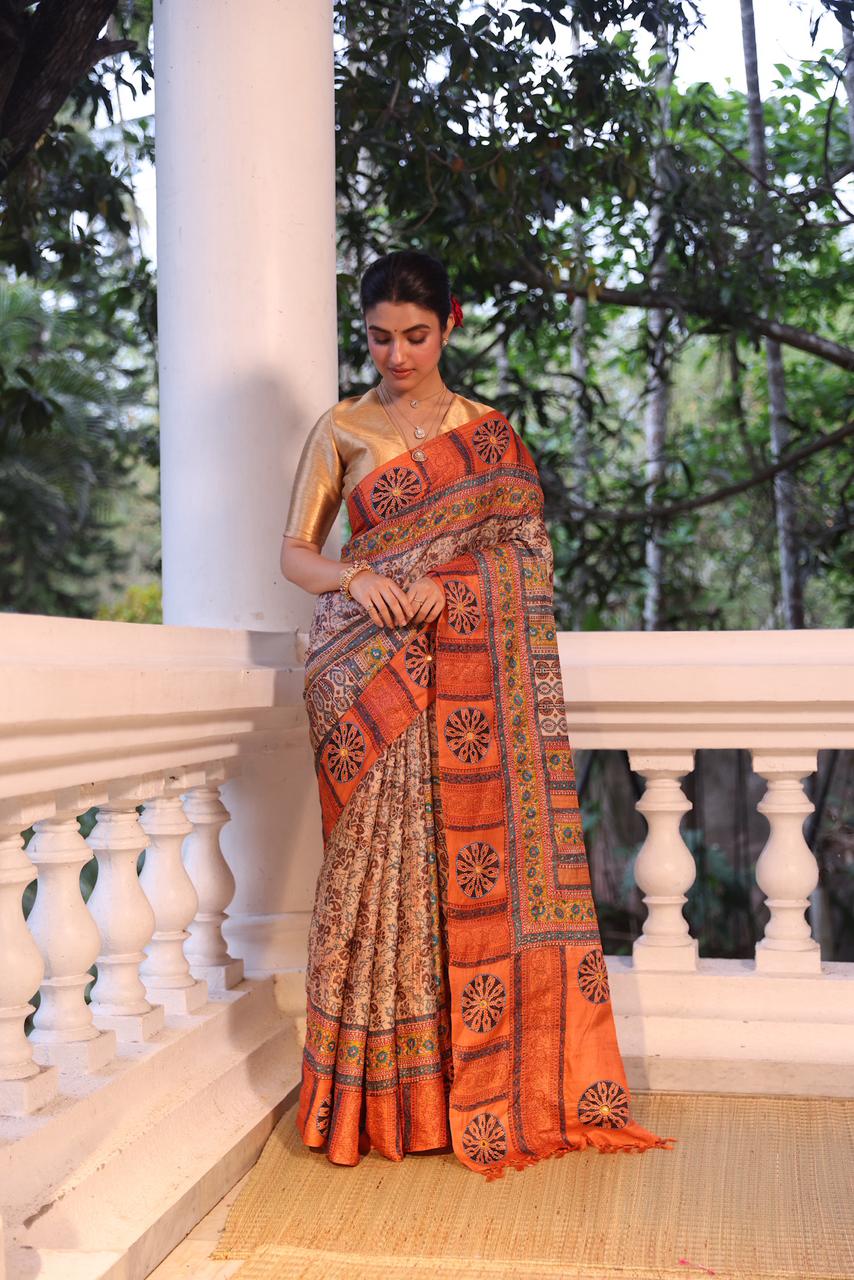 Reserved for Savi mam - A stunner tussar by zari handwoven silk saree with Katha handembroidery and Bagh handblock prints