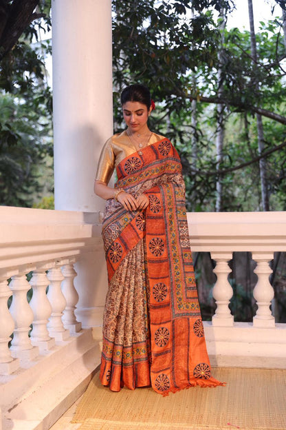 Reserved for Savi mam - A stunner tussar by zari handwoven silk saree with Katha handembroidery and Bagh handblock prints