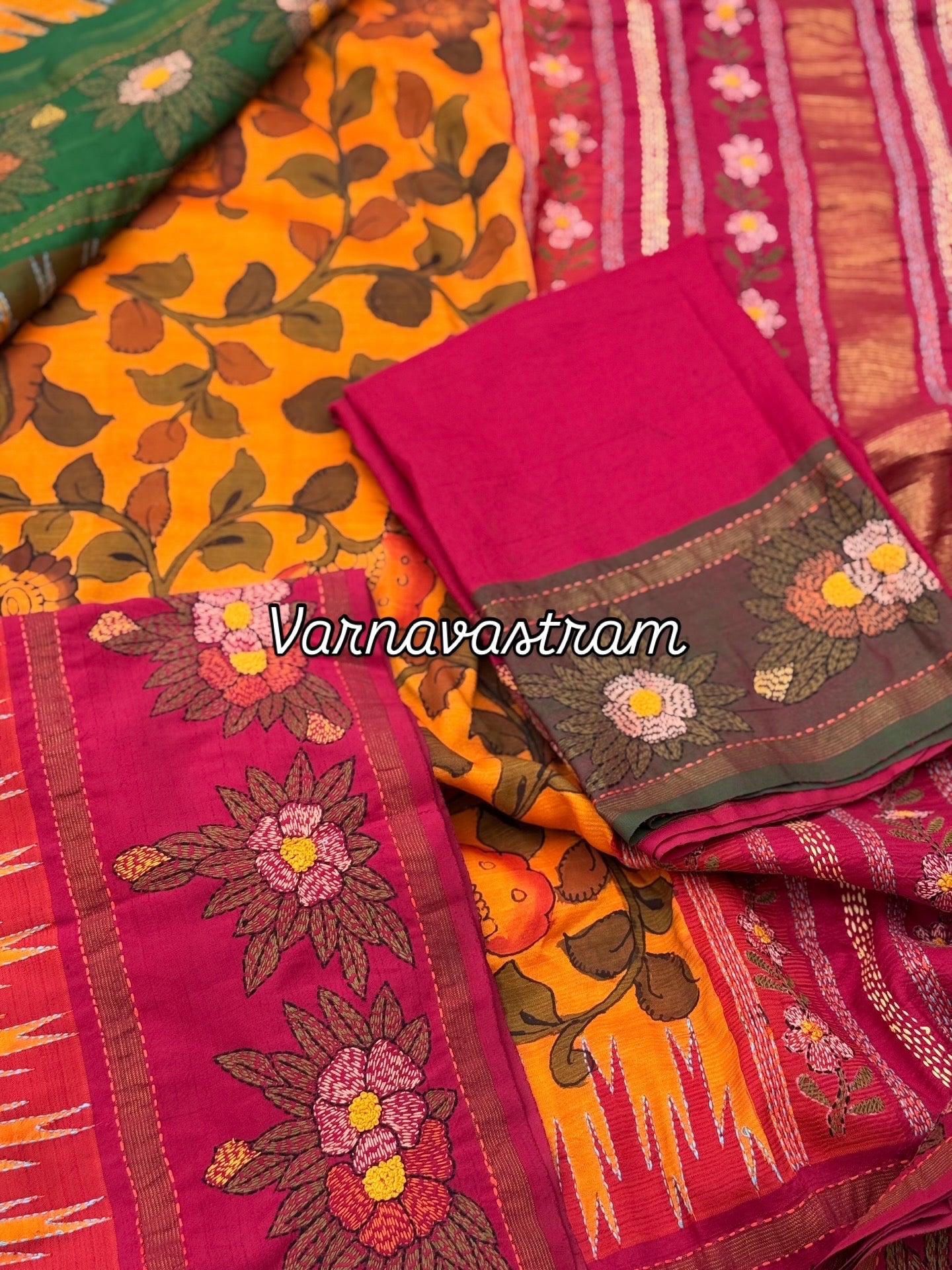 A masterpiece Kathawork handembroidery kanchivaram korvai silk saree with penkalamkari