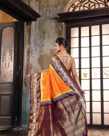 Parsi Gara with Rai Bhandej stunning zari Korvai Kanchivaram in yellow orange with betel brown