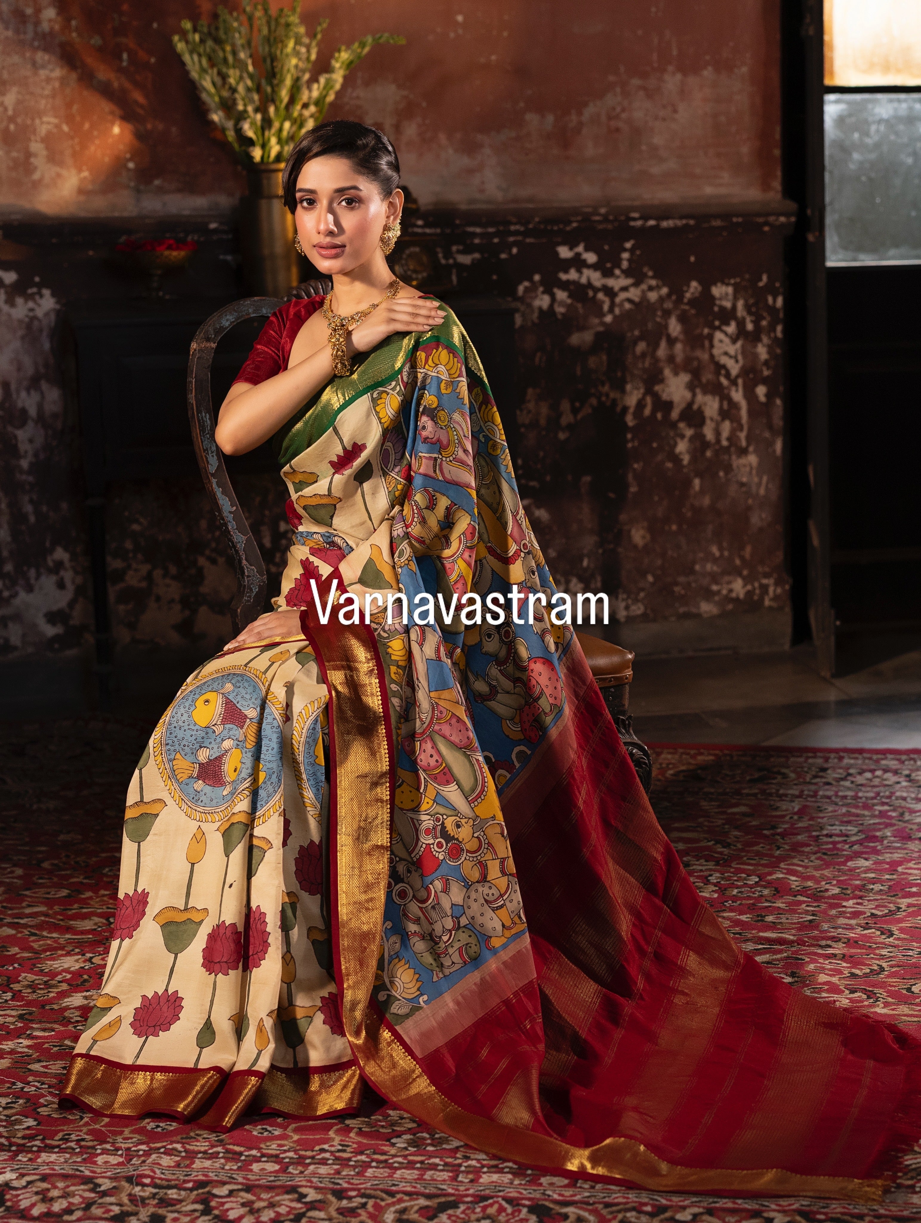 Masterpiece Ganga jamuna korvai kanchivaram silk saree Handdrawn handpainted penkalamkari