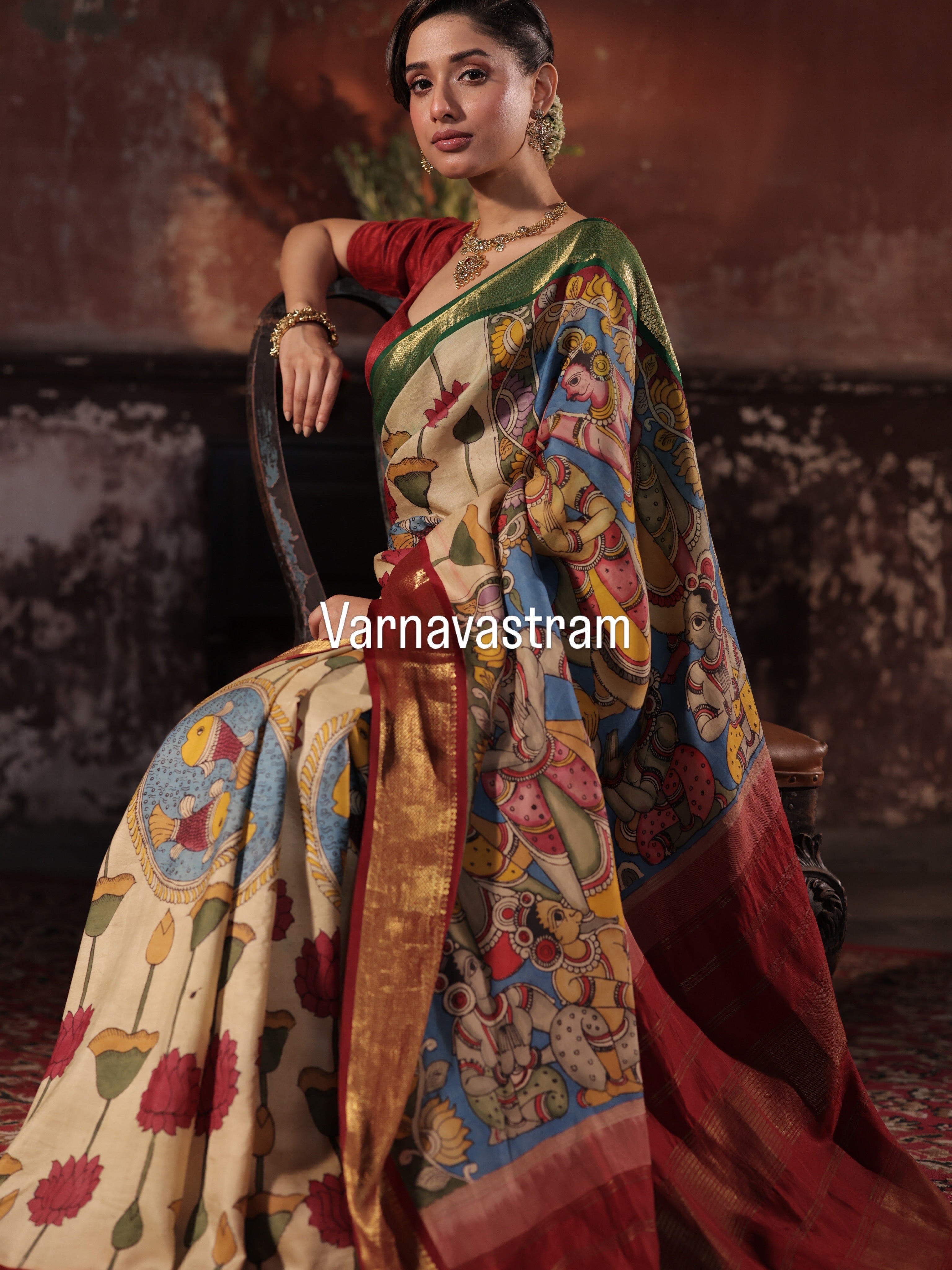 Masterpiece Ganga jamuna korvai kanchivaram silk saree Handdrawn handpainted penkalamkari
