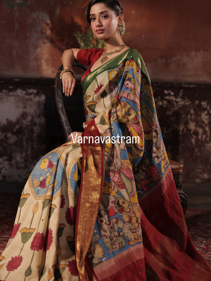 Masterpiece Ganga jamuna korvai kanchivaram silk saree Handdrawn handpainted penkalamkari