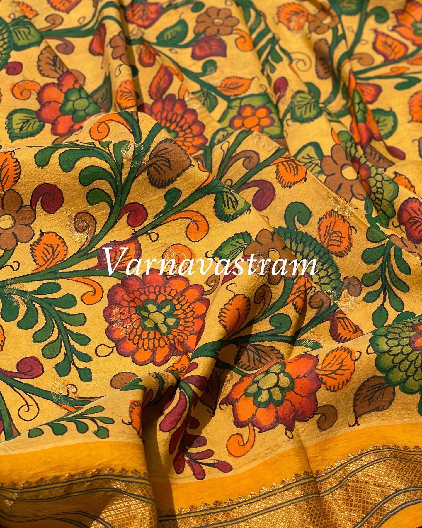 Penkalamkari Floral Handdrawn,handpainted On Paithani Silk With Kadiyal Border Saree