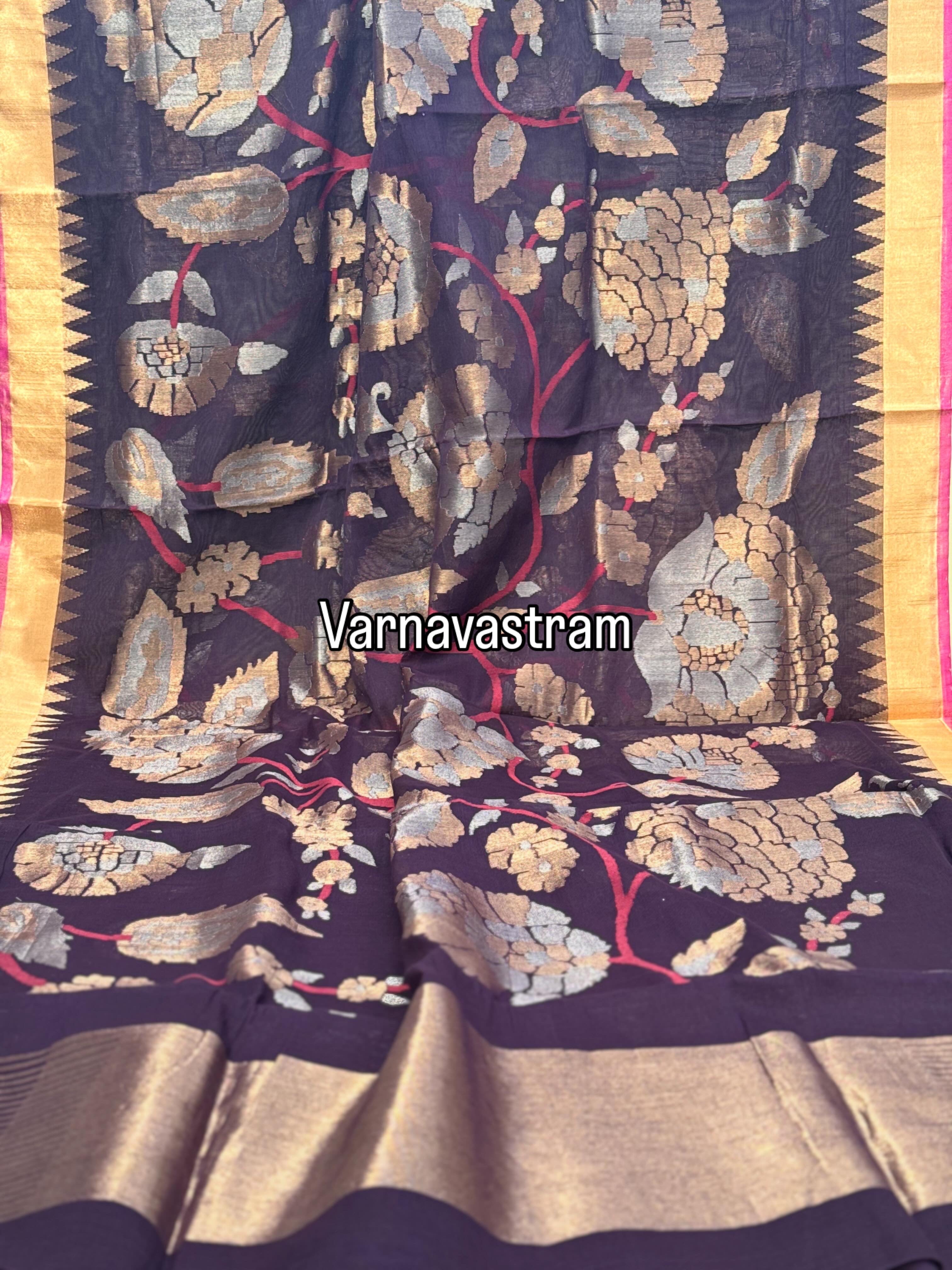 Handspun and handwoven ponduru Khadhi   full jaal extra weft jamdani saree with silk zari border