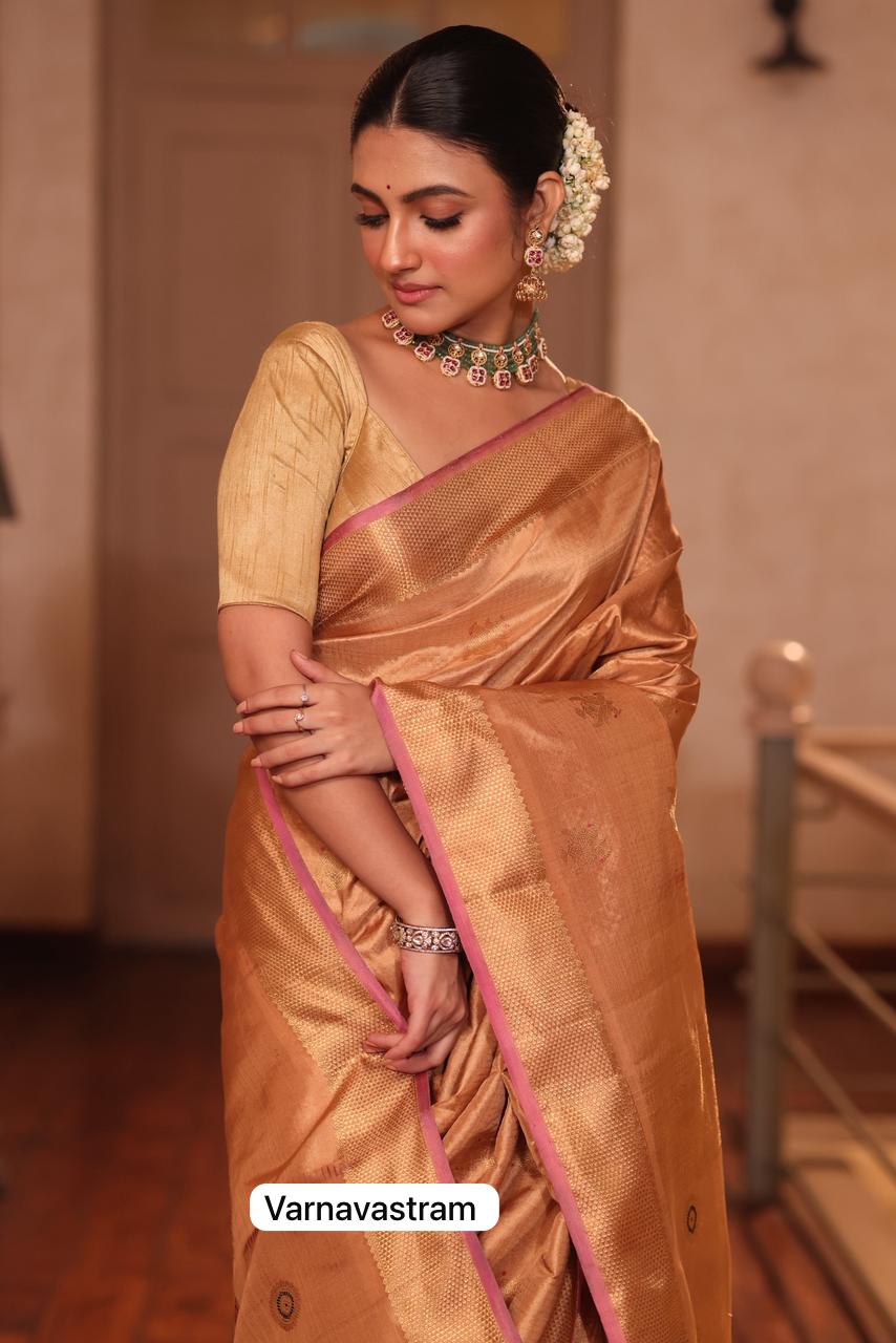 The most opulent and the celebrated weave in natural dyed fawn gold shade kanchivaram silk saree