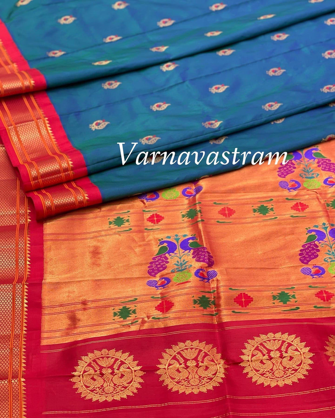 Paithani Silk Saree With Meenakari Buttas On Body With Kadiyal Border