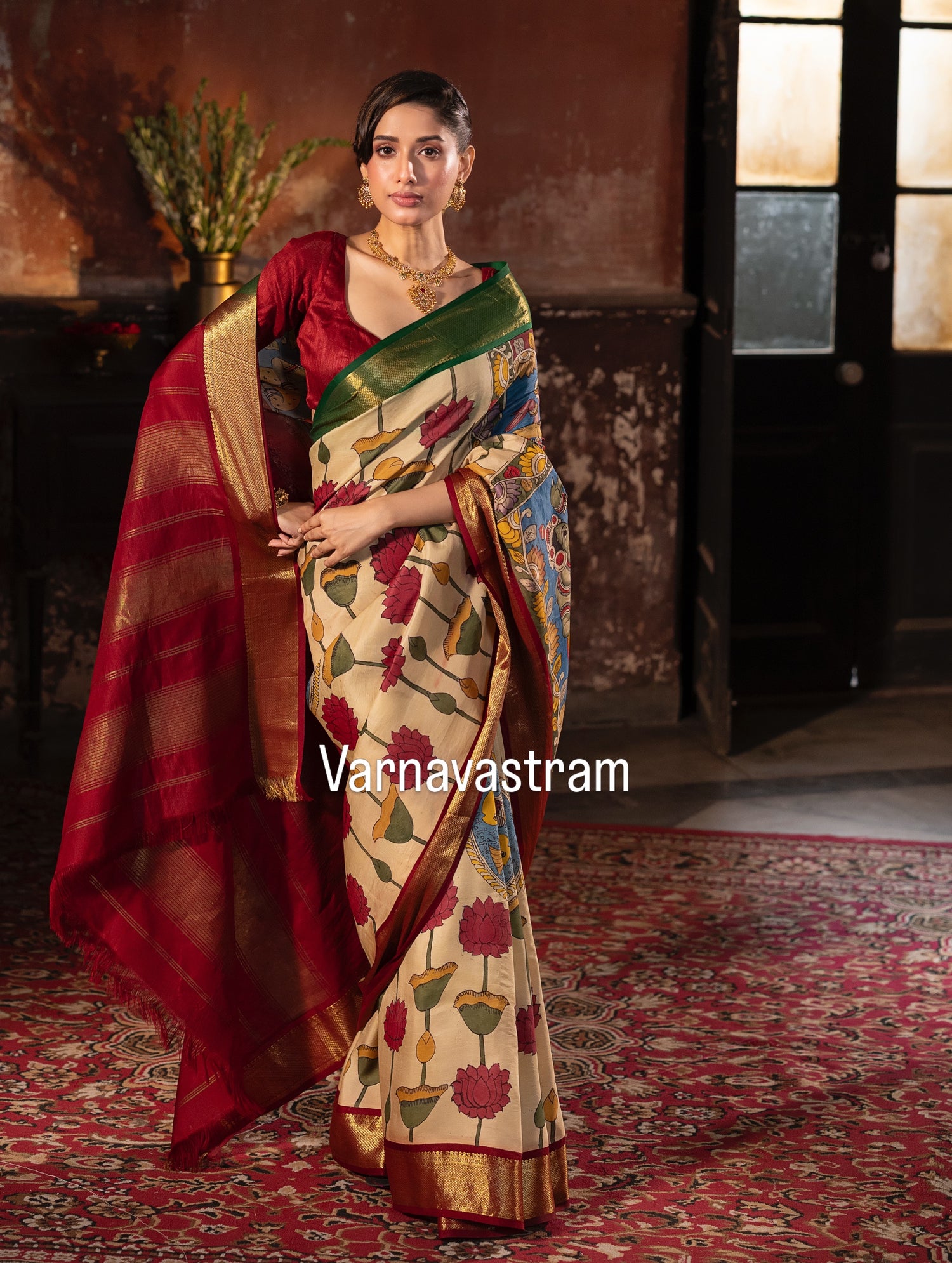 Masterpiece Ganga jamuna korvai kanchivaram silk saree Handdrawn handpainted penkalamkari