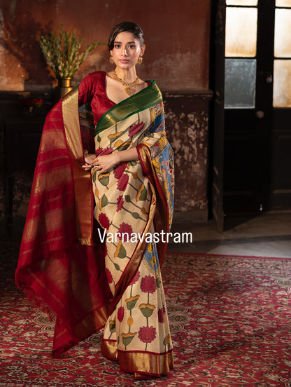 Masterpiece Ganga jamuna korvai kanchivaram silk saree Handdrawn handpainted penkalamkari