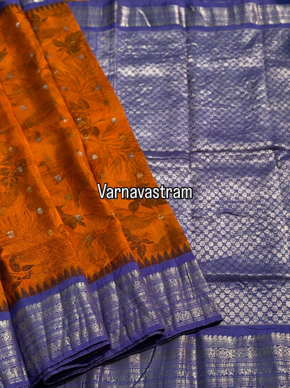 An orange with lilac Natural Handmade Ecoprints Gadwal silk saree