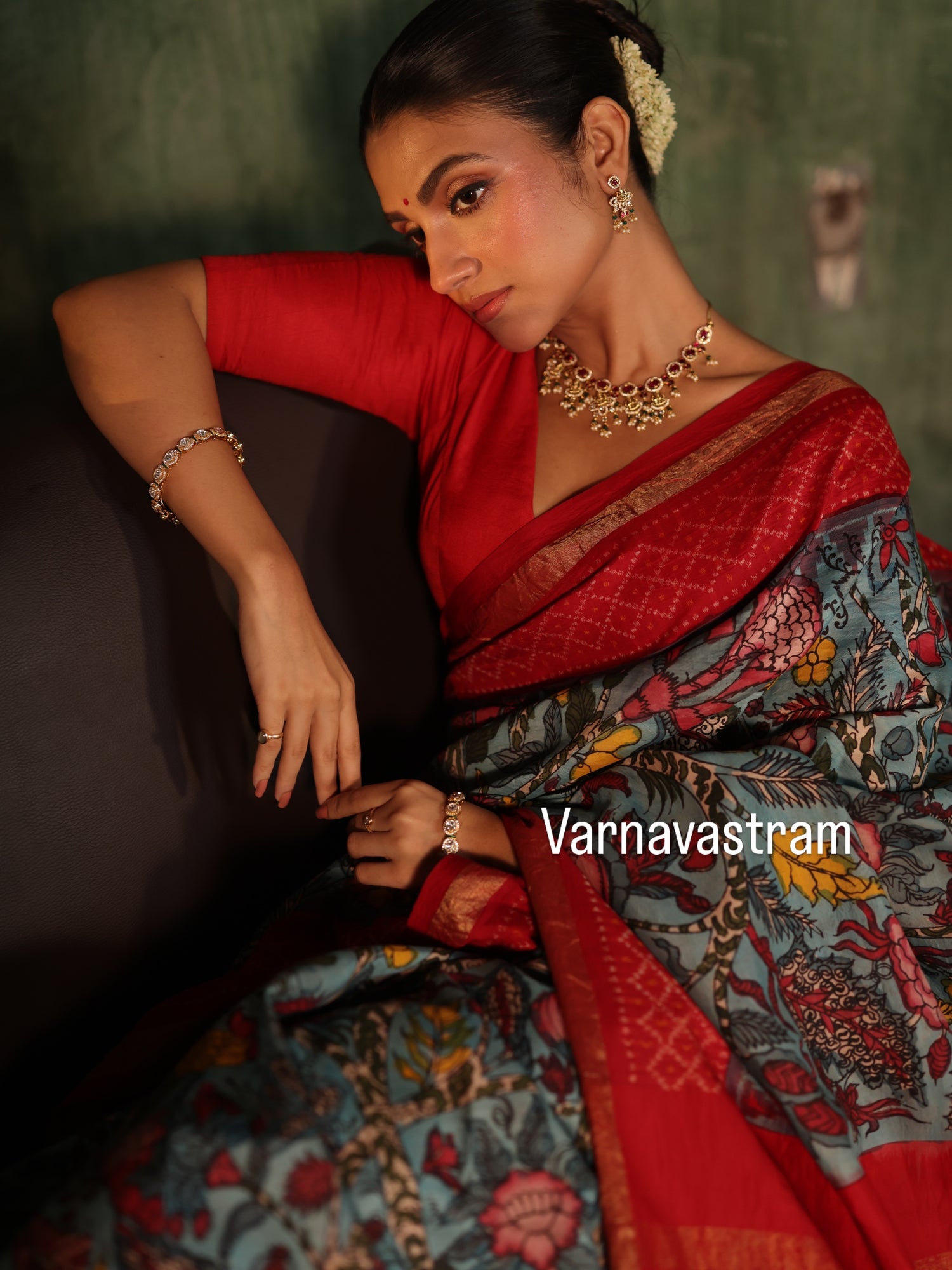 VRATHAPANI - A bhandhej inspired mulberry silk ikkat adorned with chintz inspired art on Complete Hand Drawn And Hand Painted Penkalamkari In korvai Kanchivaram Silk Saree