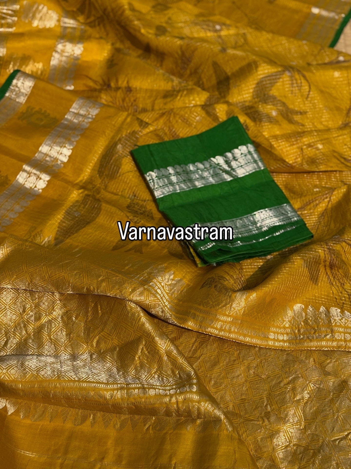 A lime yellow with green Natural Handmade Ecoprints Gadwal silk saree