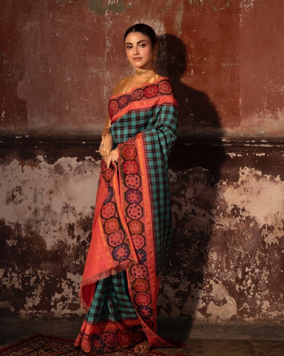 Kanchivaram korvai checks with penkalamkari silk saree