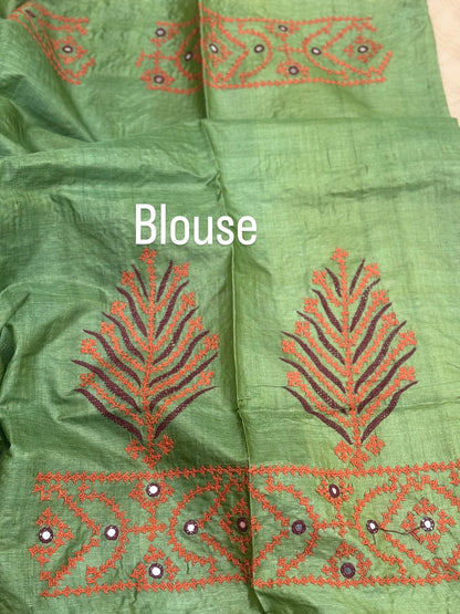 handwoven Tussar silk saree with handmade kutch mirror embroidery work