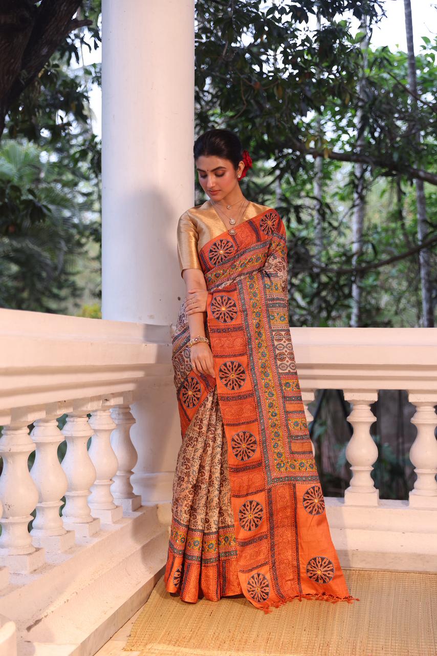 Reserved for Savi mam - A stunner tussar by zari handwoven silk saree with Katha handembroidery and Bagh handblock prints
