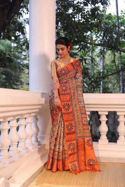 Reserved for Savi mam - A stunner tussar by zari handwoven silk saree with Katha handembroidery and Bagh handblock prints