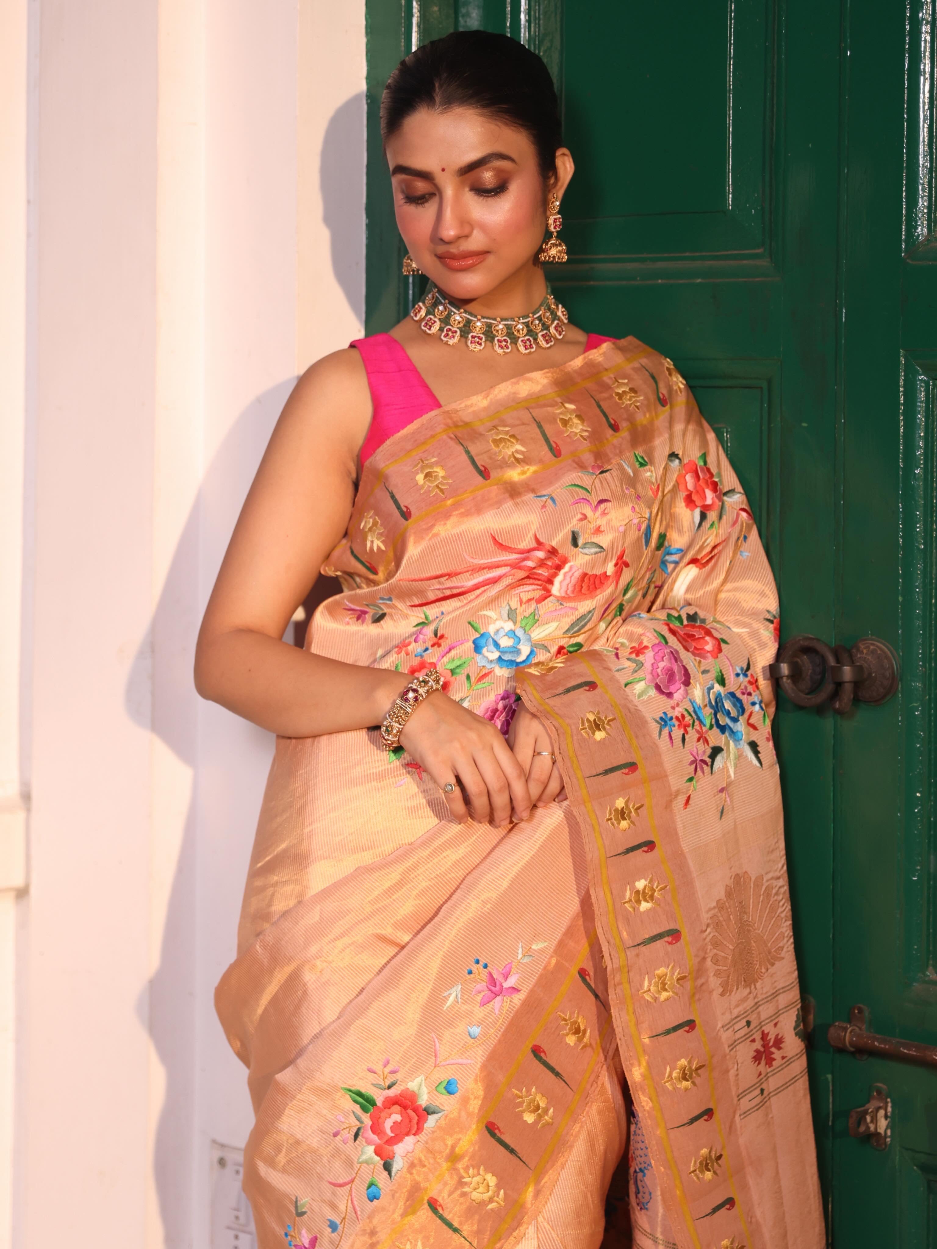 PAITHANI TISSUE SILK WITH ZARI STRIPES ORNATE WITH HAND EMBROIDERED PARSI GARA WORK