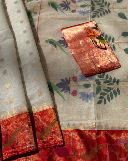 A DESIGNER EXCLUSIVE JAAL WEAVE PONDURU KHADHI WITH TISSUE MUNIYA PAITHANI BORDER WITH PARROT PEACOCK