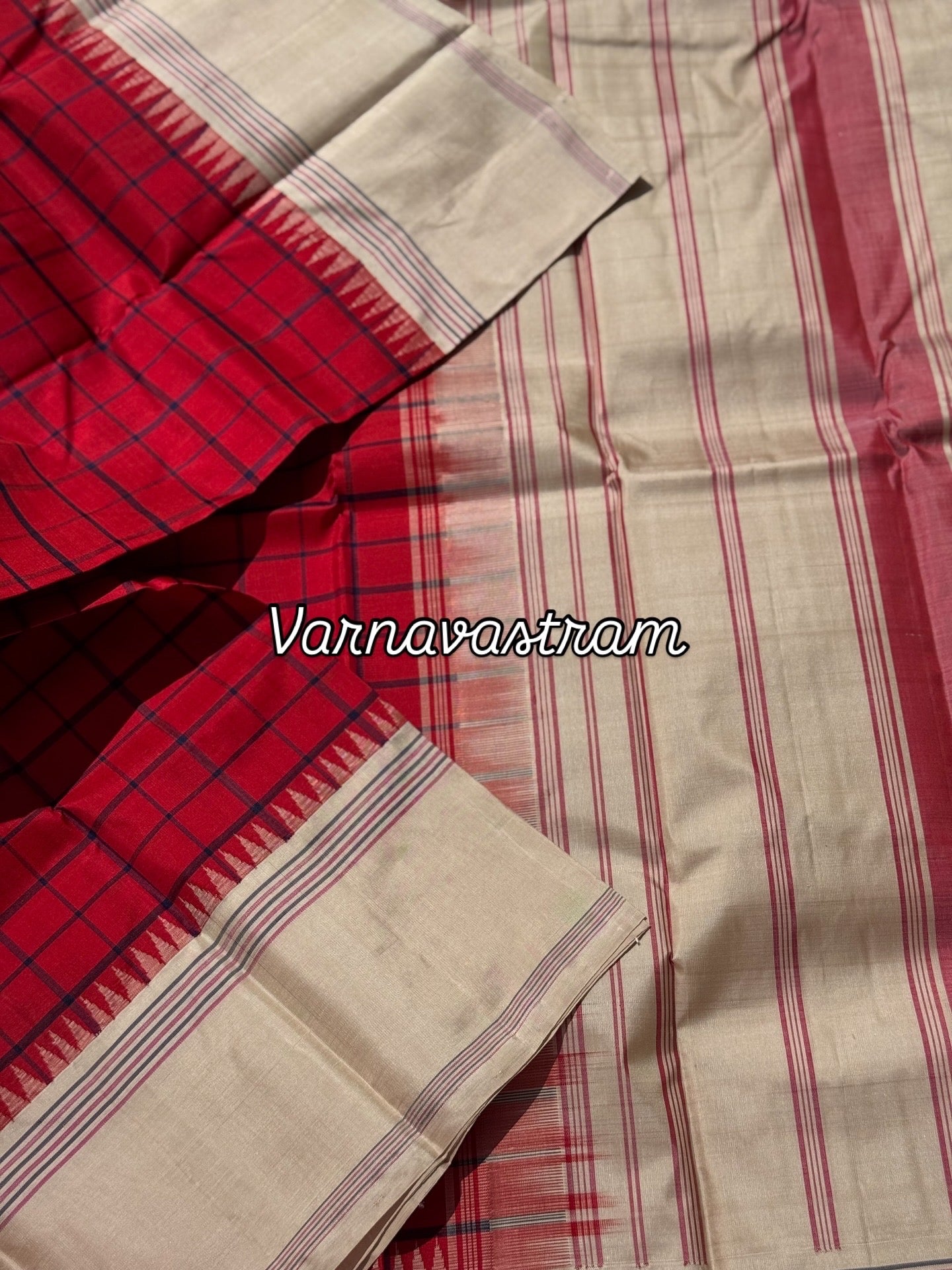 A stunning red ivory kattam korvai kanchivaram silk saree