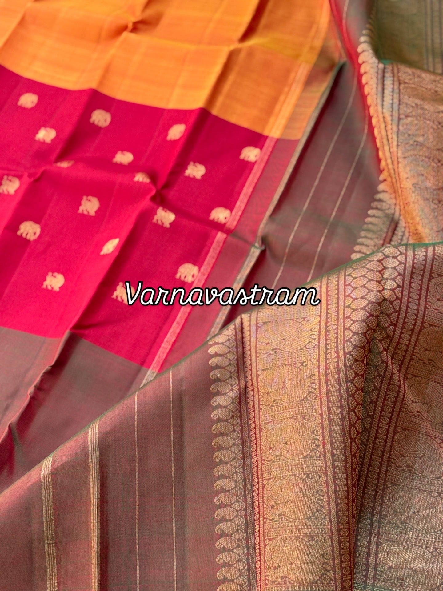 An elegant mubbagam 3 part korvai kanchivaram silk saree with yaali elephant motifs