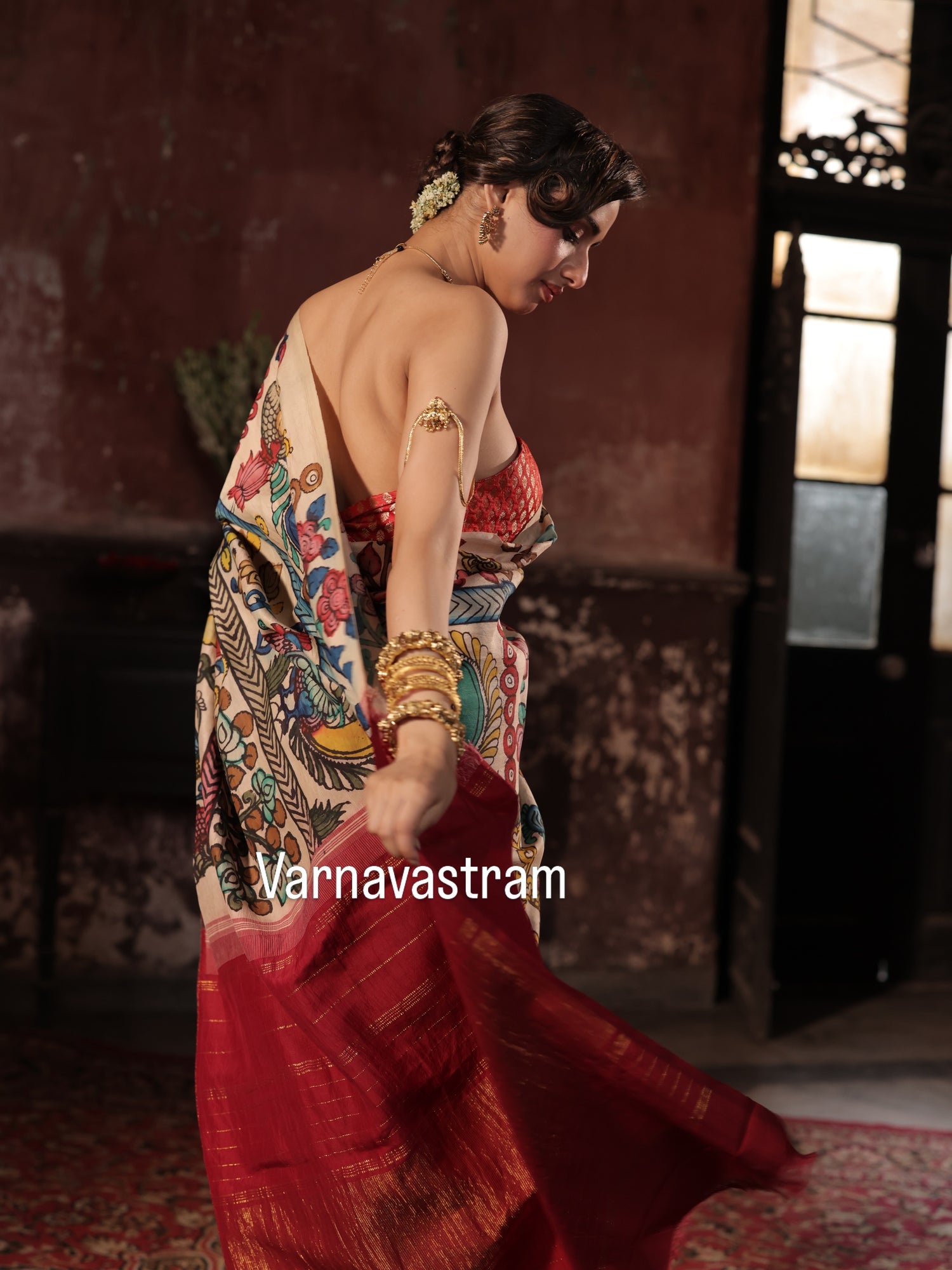 VRATHAPANI- Exquisite Handdrawn handpainted penkalamkari korvai kanchivaram silk saree