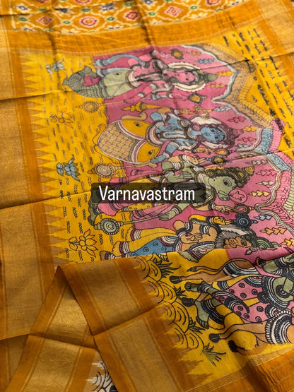 Dasavatharam Handdrawn Handpainted Penkalamkari Dupatta on handwoven ikkat silk