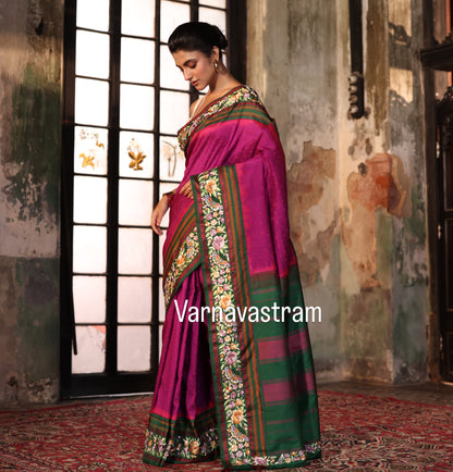 A plumpink kanchivaram weave silk saree with authentic Parsi gara work and handknotted rai Bhandej