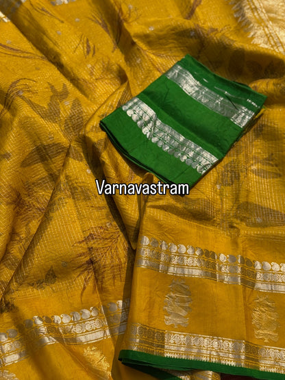 A lime yellow with green Natural Handmade Ecoprints Gadwal silk saree