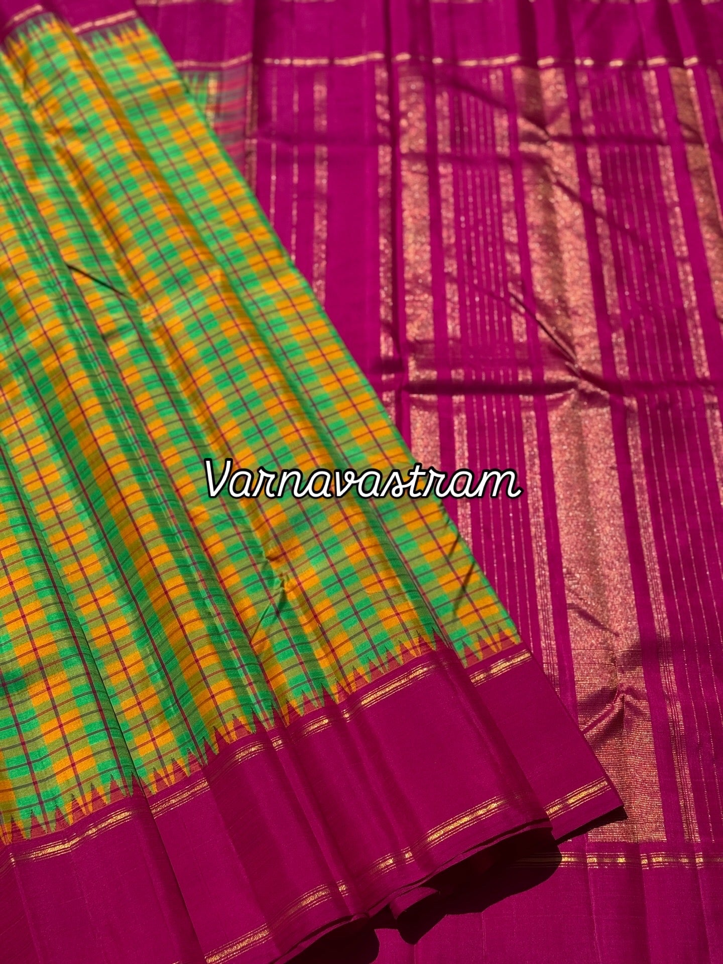 A pleasant seagreen fern green and black Burberry kattam korvai kanchivaram silk saree