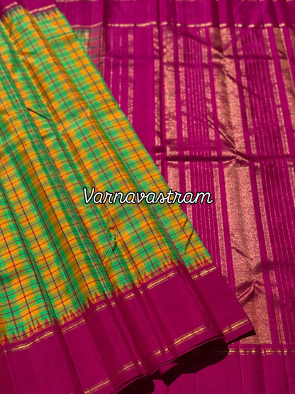 A pleasant seagreen fern green and black Burberry kattam korvai kanchivaram silk saree