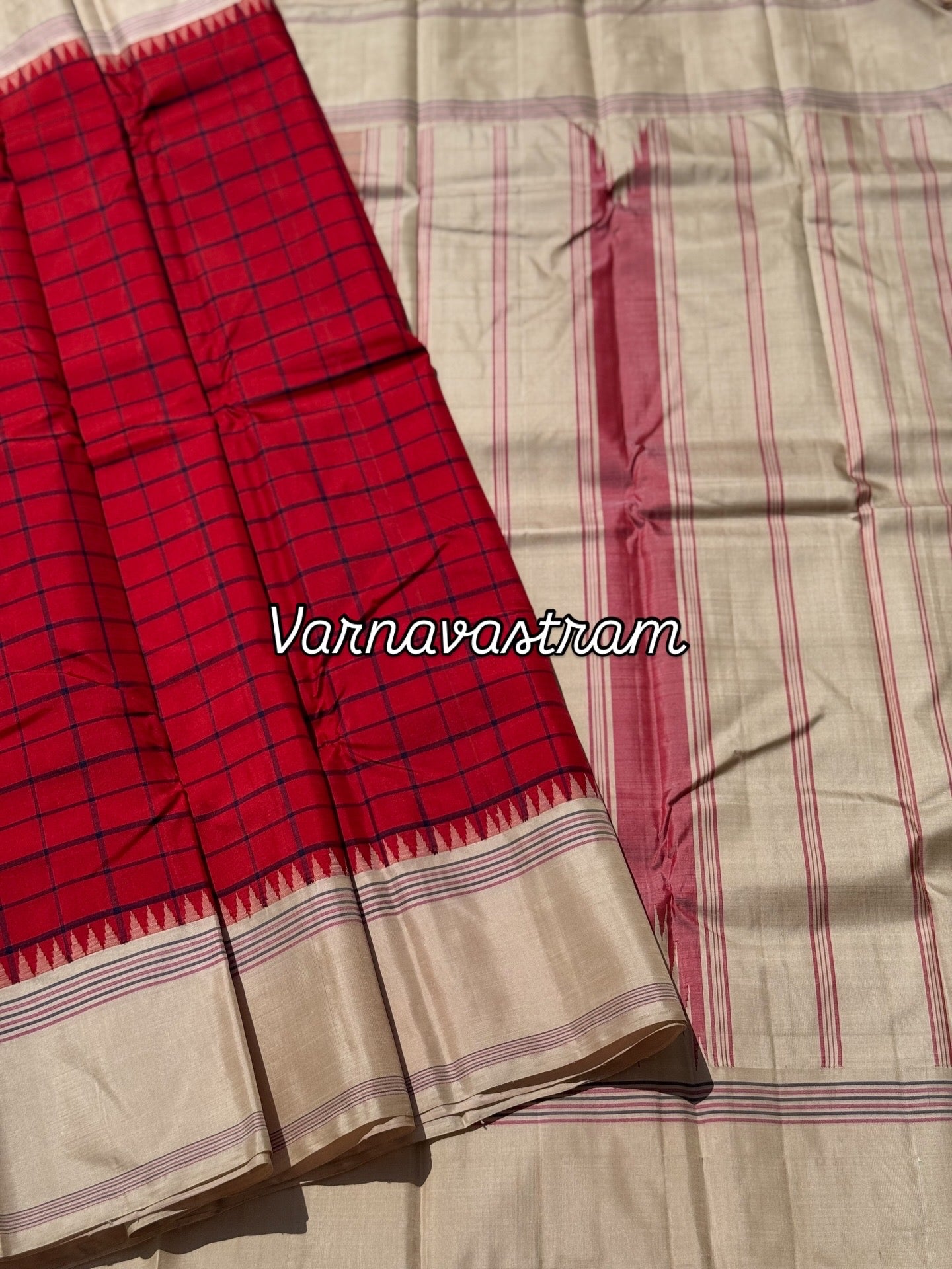 A stunning red ivory kattam korvai kanchivaram silk saree