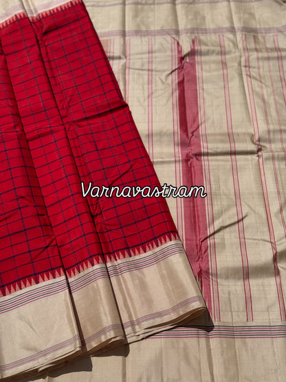 A stunning red ivory kattam korvai kanchivaram silk saree