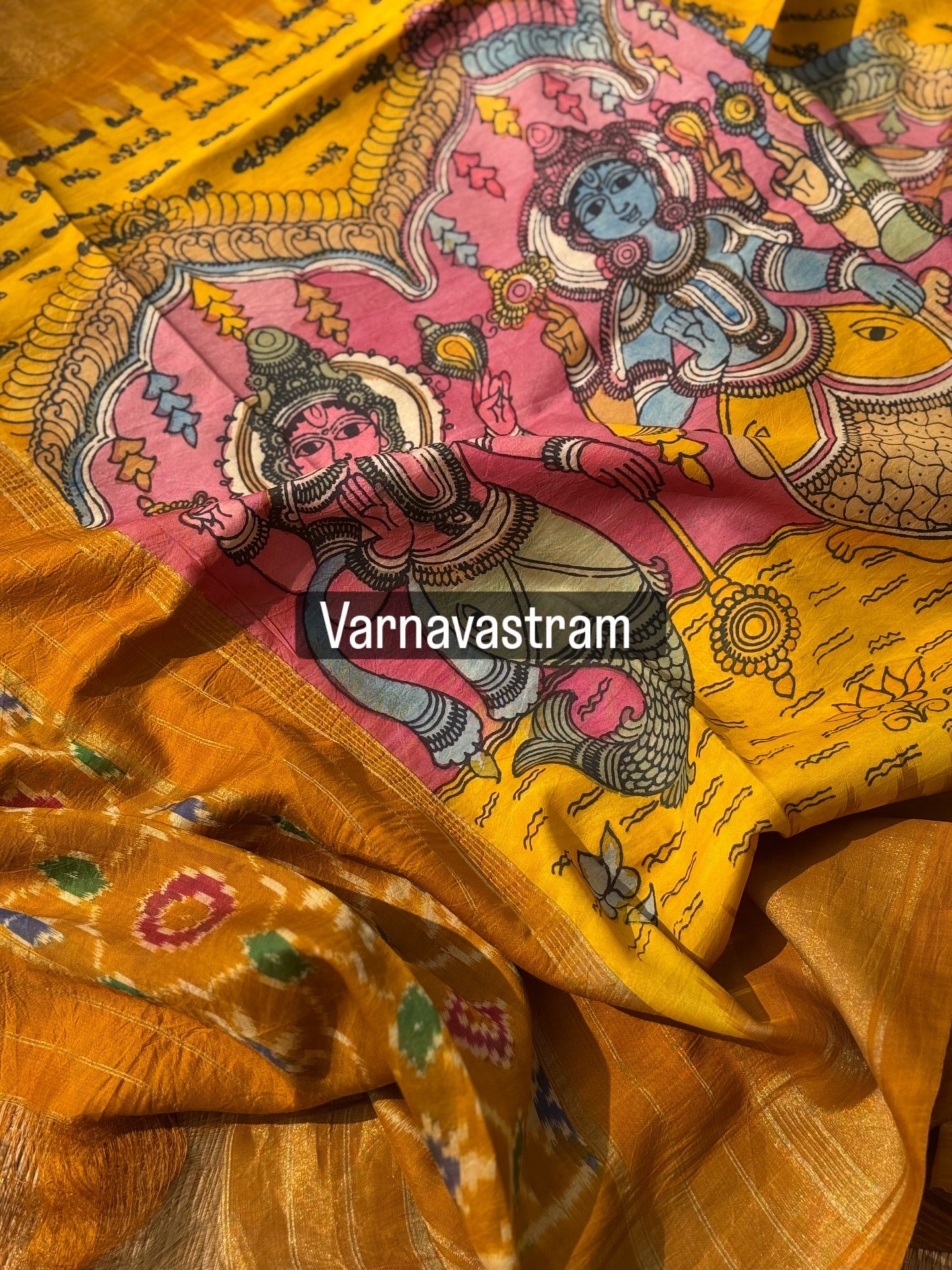 Dasavatharam Handdrawn Handpainted Penkalamkari Dupatta on handwoven ikkat silk