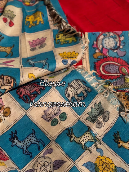 A gorgeous red korvai kanchivaram silk saree with korvai border Handdrawn and handpainted penkalamkari