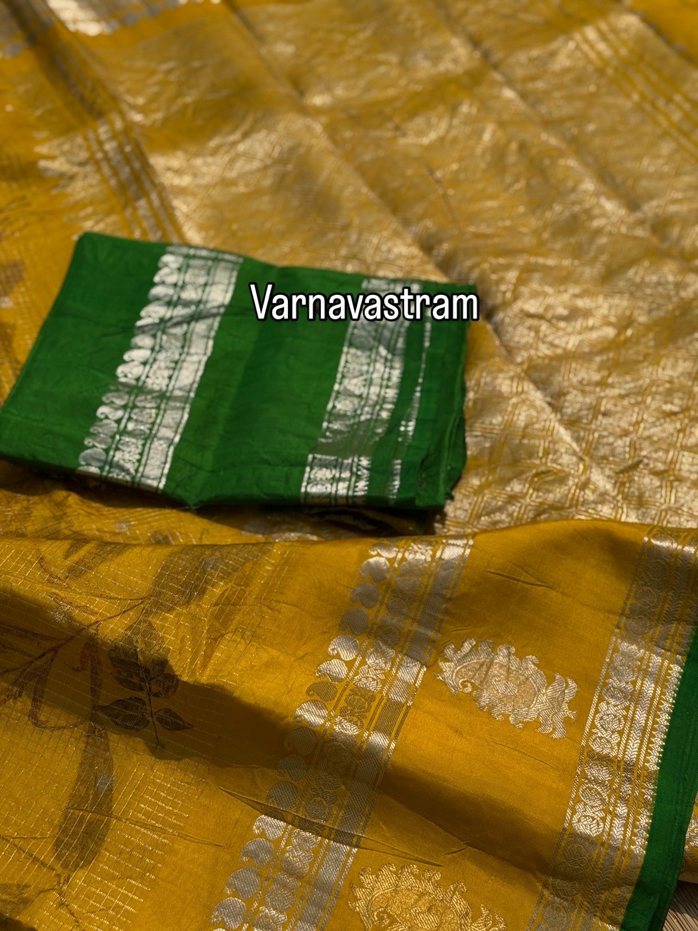 A lime yellow with green Natural Handmade Ecoprints Gadwal silk saree