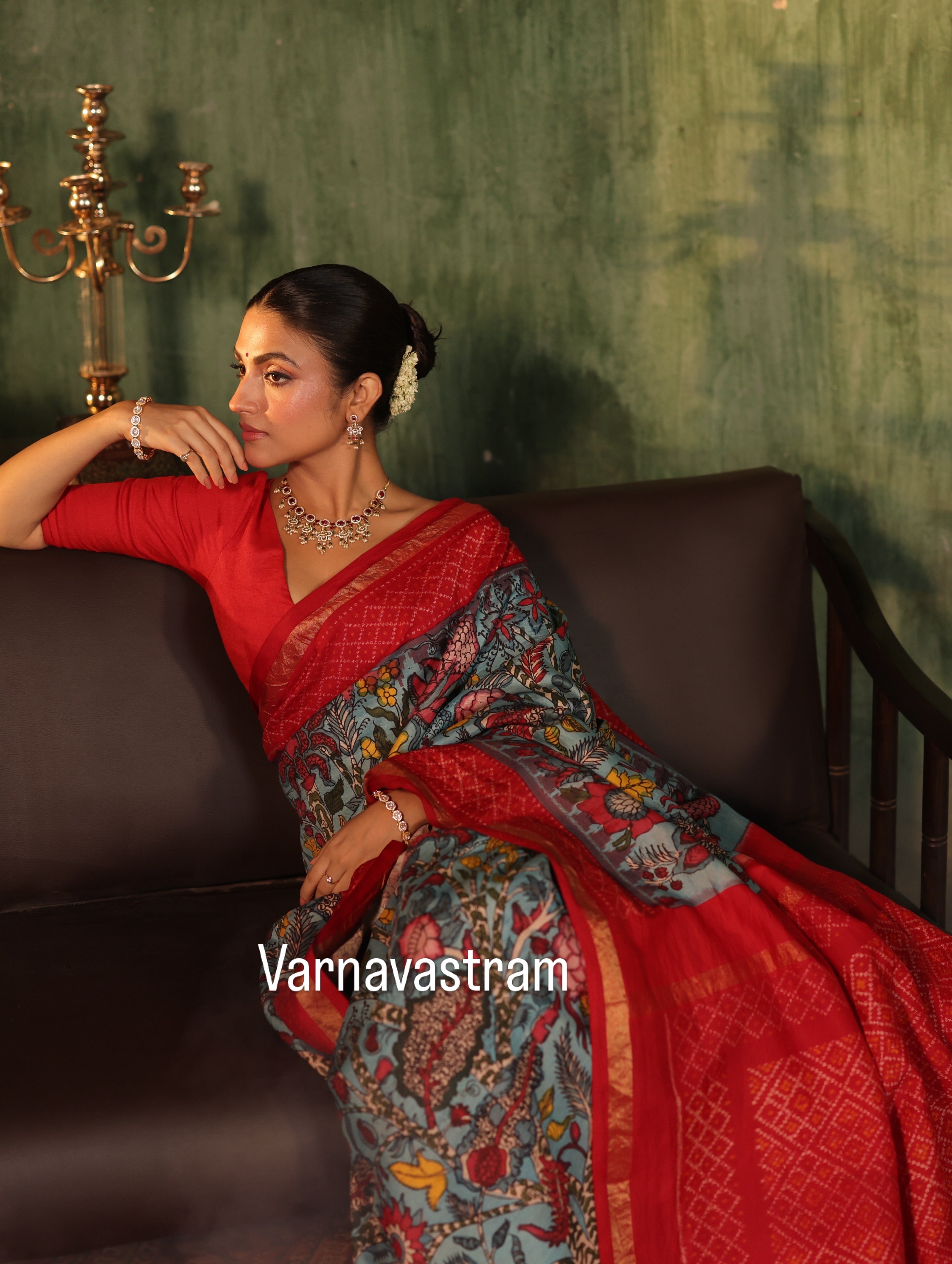 VRATHAPANI - A bhandhej inspired mulberry silk ikkat adorned with chintz inspired art on Complete Hand Drawn And Hand Painted Penkalamkari In korvai Kanchivaram Silk Saree
