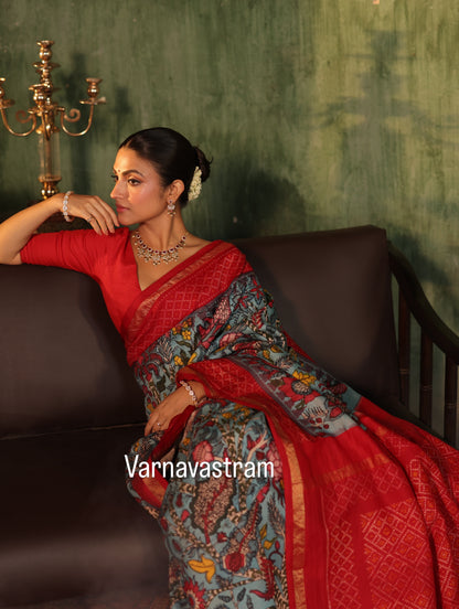 VRATHAPANI - A bhandhej inspired mulberry silk ikkat adorned with chintz inspired art on Complete Hand Drawn And Hand Painted Penkalamkari In korvai Kanchivaram Silk Saree