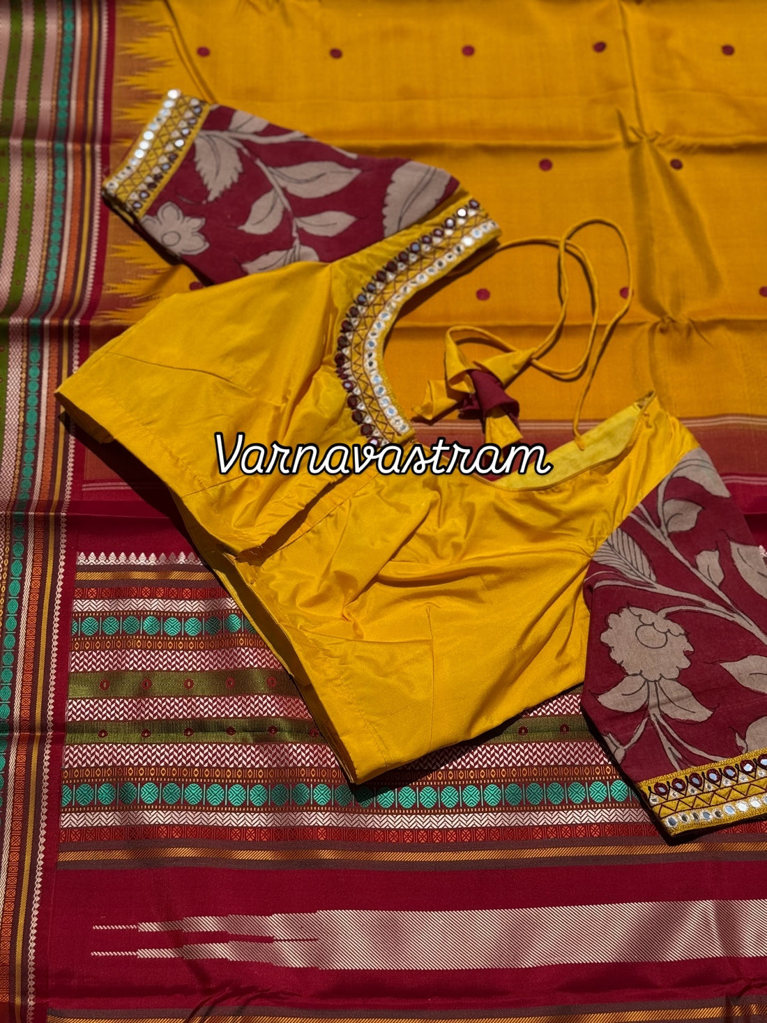 Yellow maroon silk blouse handdrawn hand painted penkalamkari and zardosi embellished