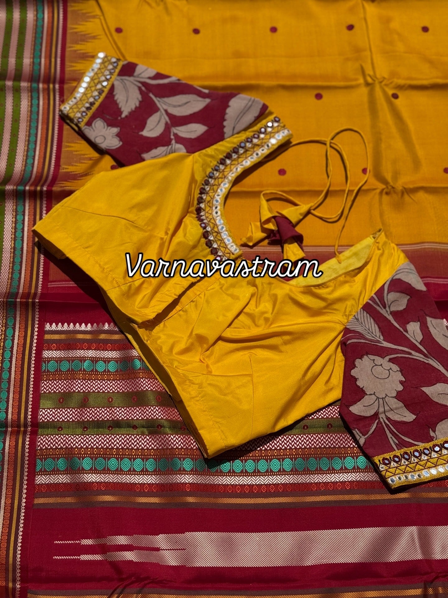 Yellow maroon silk blouse handdrawn hand painted penkalamkari and zardosi embellished