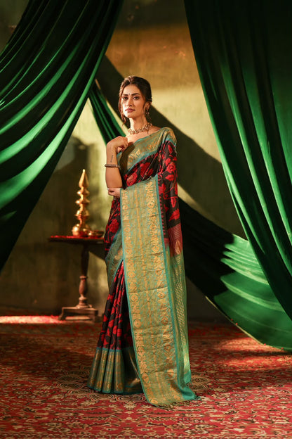 Hand-Drawn and Hand-Painted Penkalamkari on Kuttu kanchi turning border Gadwal silk