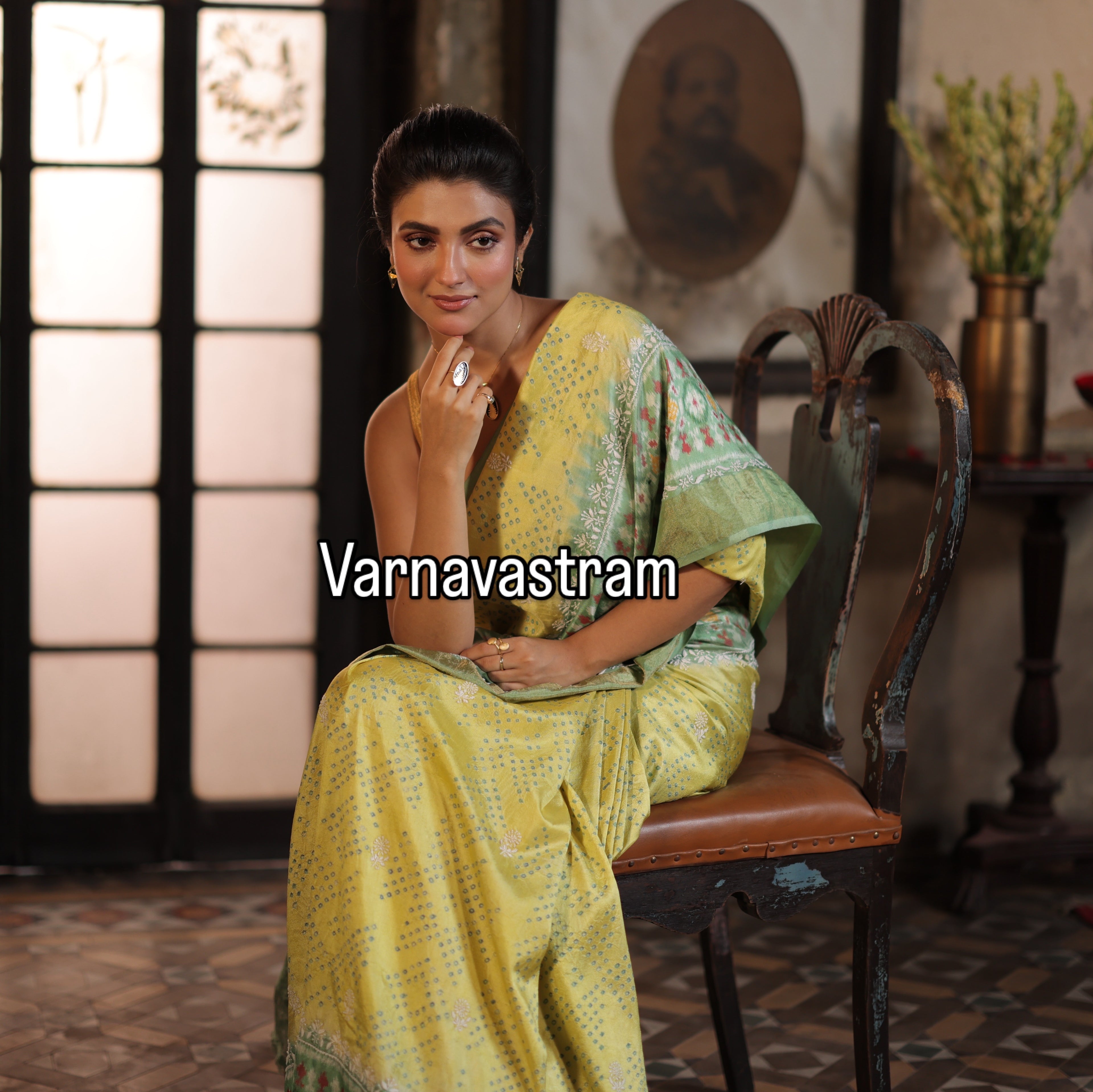 A mesmerising Bhandej inspired handwoven tie dyed ikkat silk SAREE with Bhandej inspired tie dyed patola ikkat weave