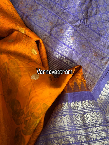 An orange with lilac Natural Handmade Ecoprints Gadwal silk saree