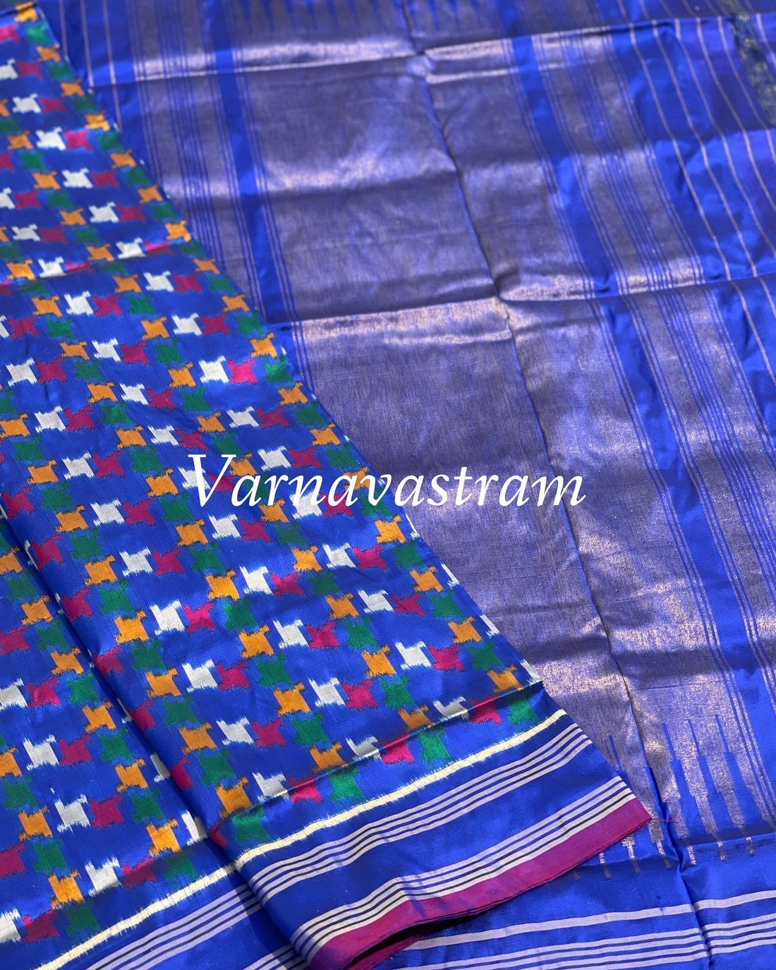 Oxford Blue Contemporary Silk Ikkat With Abstract Patterns Saree