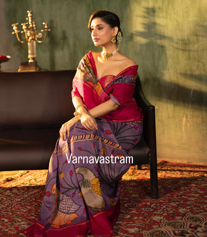 VRATHAPANI - Complete Hand Drawn And Hand Painted Penkalamkari In korvai Kanchivaram Silk Saree