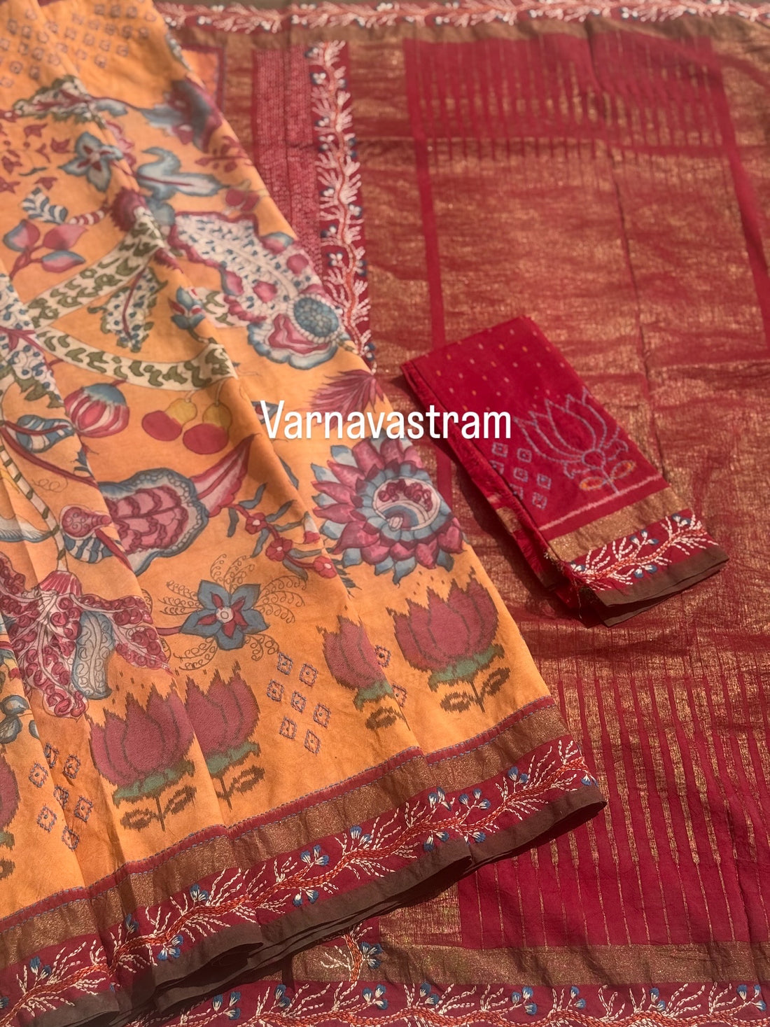 A handmade Katha work on tree of life penkalamkari on handwoven ikkat silk